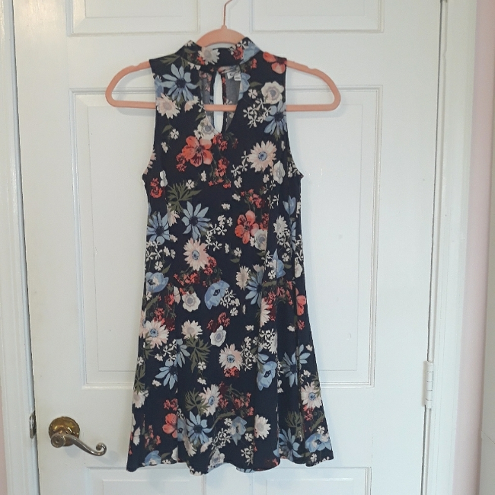 love, fire navy blue flower sleeveless high collar swing keyhole cutout dress